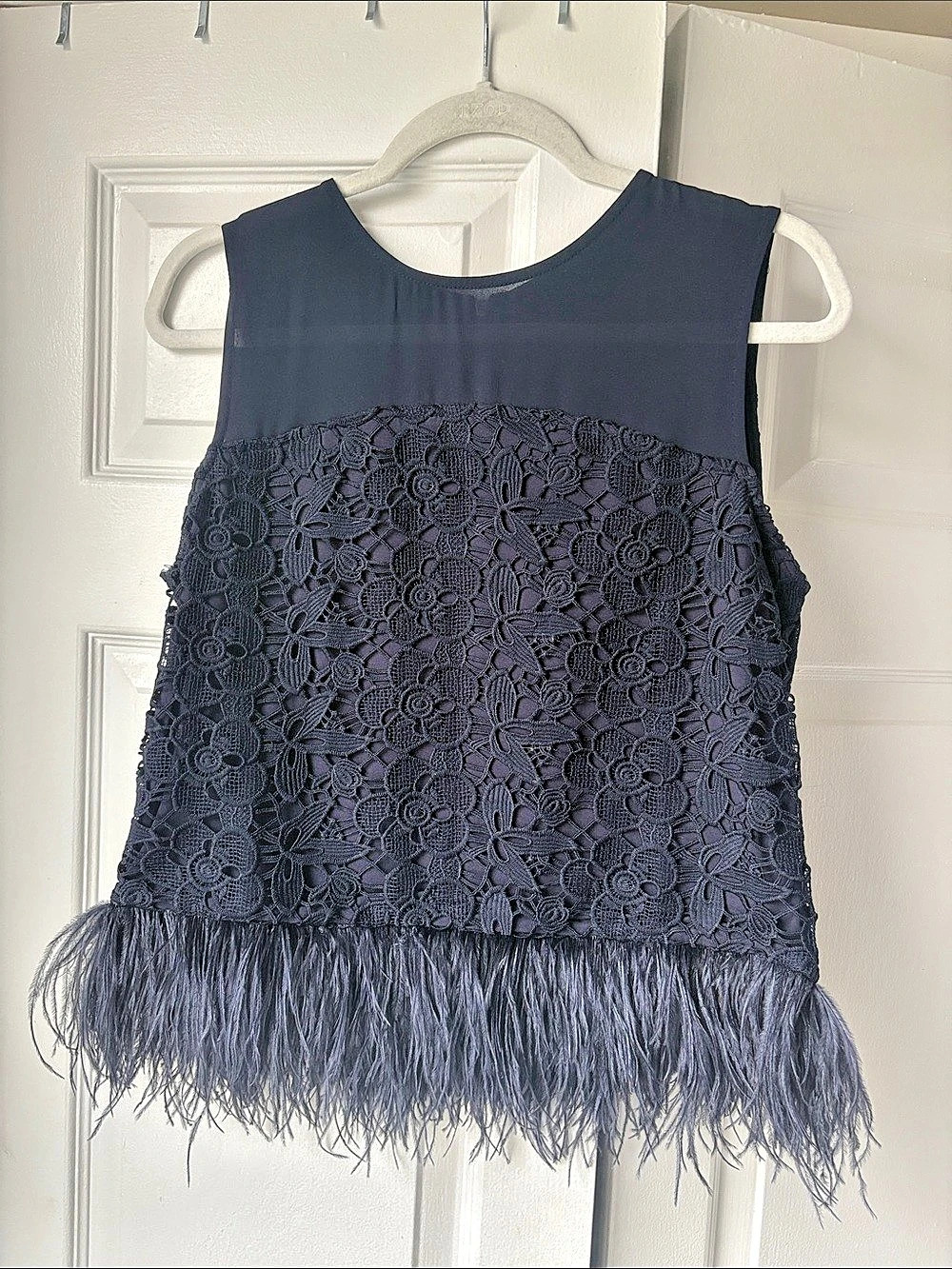 GREYLIN Lace ostrich Feather-Hem Top in Blue Size Medium Like New